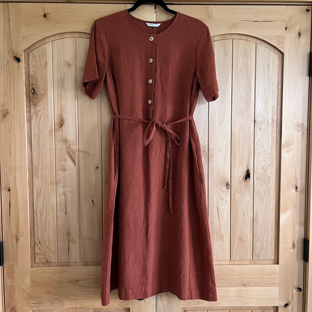 LINENFOX “Bloom” Midi Dress in Terracotta, XS